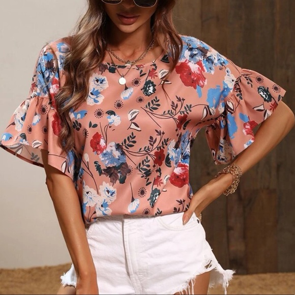 Avery Reigns Tops - Floral Print Flounce Sleeve Blouse